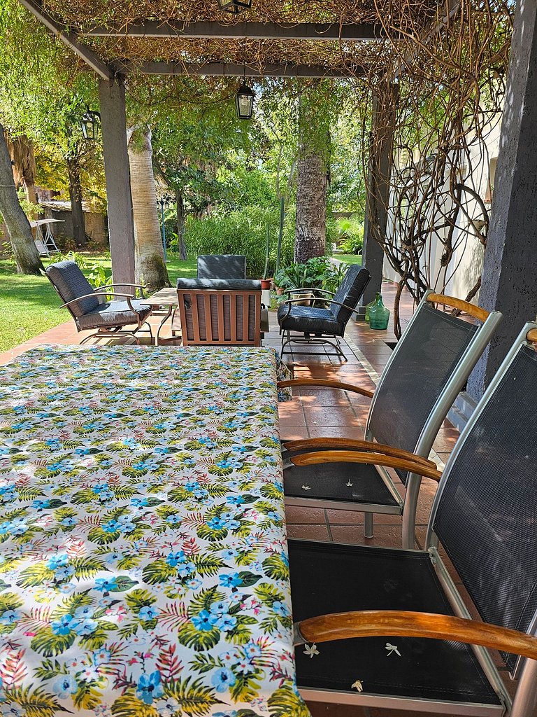 Room with private bathroom and view of a garden.